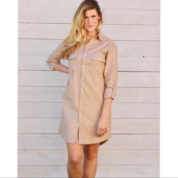 Emily Phillips 6 Shirtdress Tan Top Dress Small Button Down Up Long Sleeve Mini - Picture 4 of 12